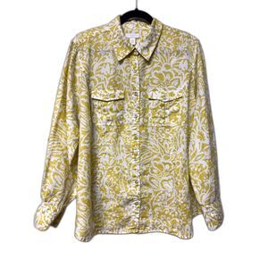 CHARTER CLUB Woman 100% Linen Roll Tab Sleeve Button Up Shirt, Chartreuse/White